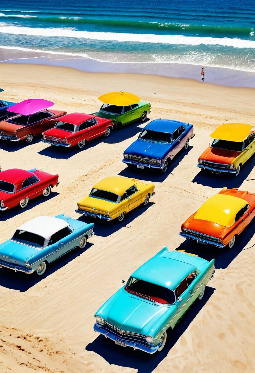 A sun-soaked beach scene featuring diverse models in a variety of stylish bikinis, showcasing the latest summer trends. In the foreground, a vintage car parked on the sandy shore with colorful beach umbrellas and surfboards. The ocean waves gently lap at their feet, bringing a refreshing vibe. Bright, cheerful colors with a warm summer glow. vibrant colors. super-realistic.