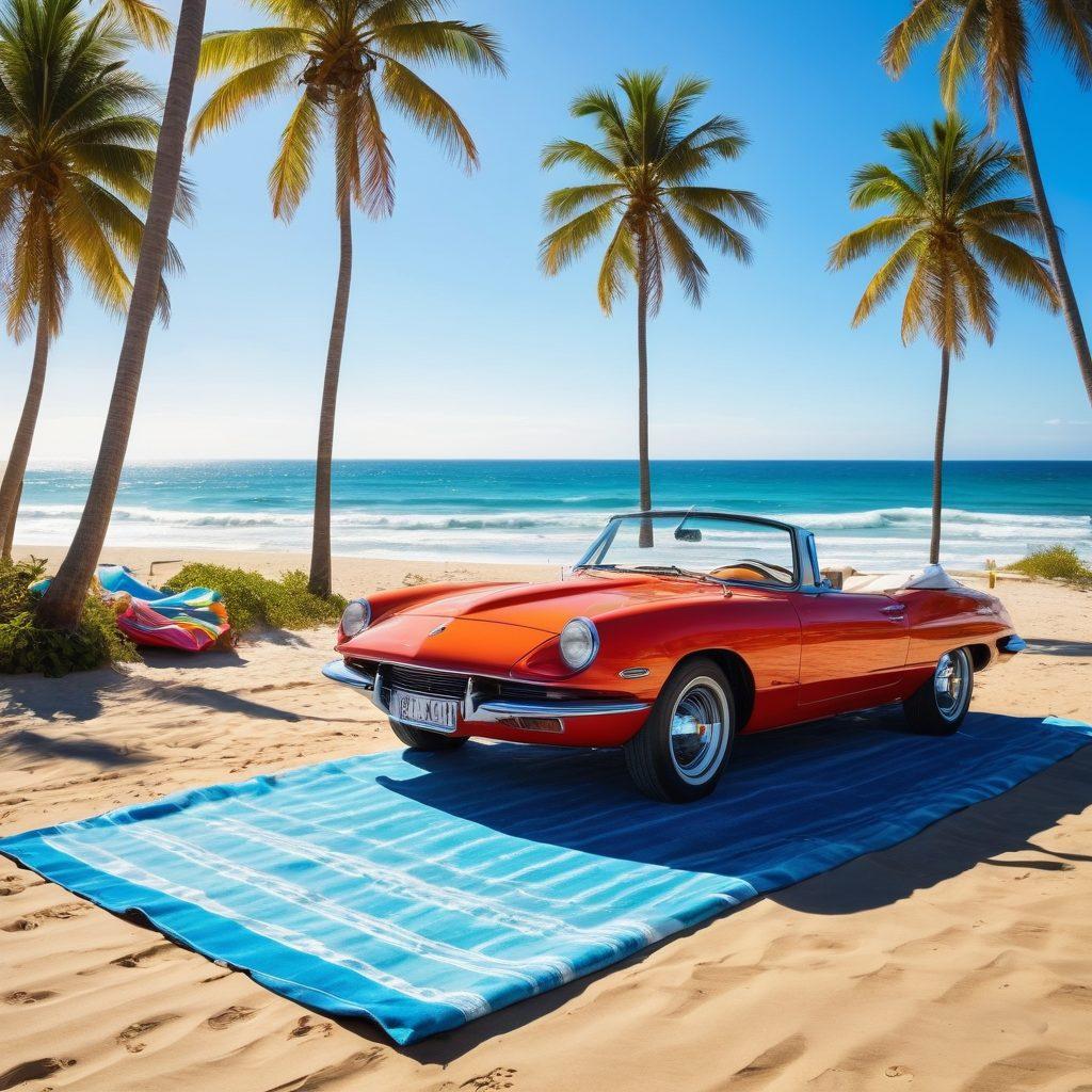 A bright, sunlit beach scene featuring a sleek convertible parked on the sand, surrounded by surfboards and beach towels. In the background, joyful beachgoers enjoy the sun and the waves, while a glistening ocean sparkles under a clear blue sky. Display essential car insurance tips subtly on a beach signpost, emphasizing safety alongside leisure. vibrant colors. super-realistic. summer vibes.